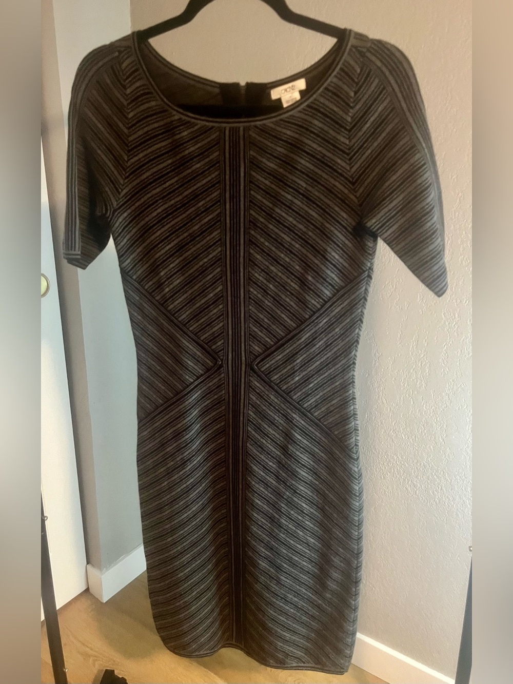 Cache Black and Gray Striped Midi Body Con Dress